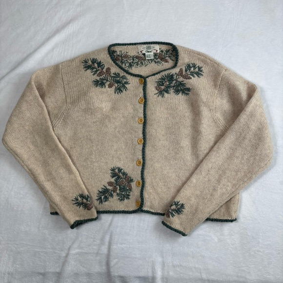 VTG Orvis Shetland Wool Beige Long Sleeve Cardigan Floral Embroidered Women's XL - Picture 1 of 7